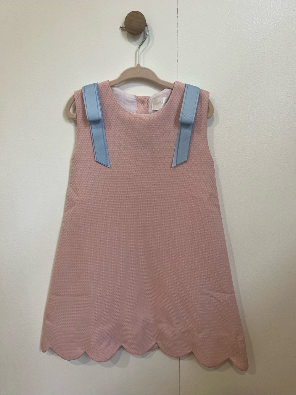 ECI Pink Scalloped Hem Dress with Blue Ribbon Straps